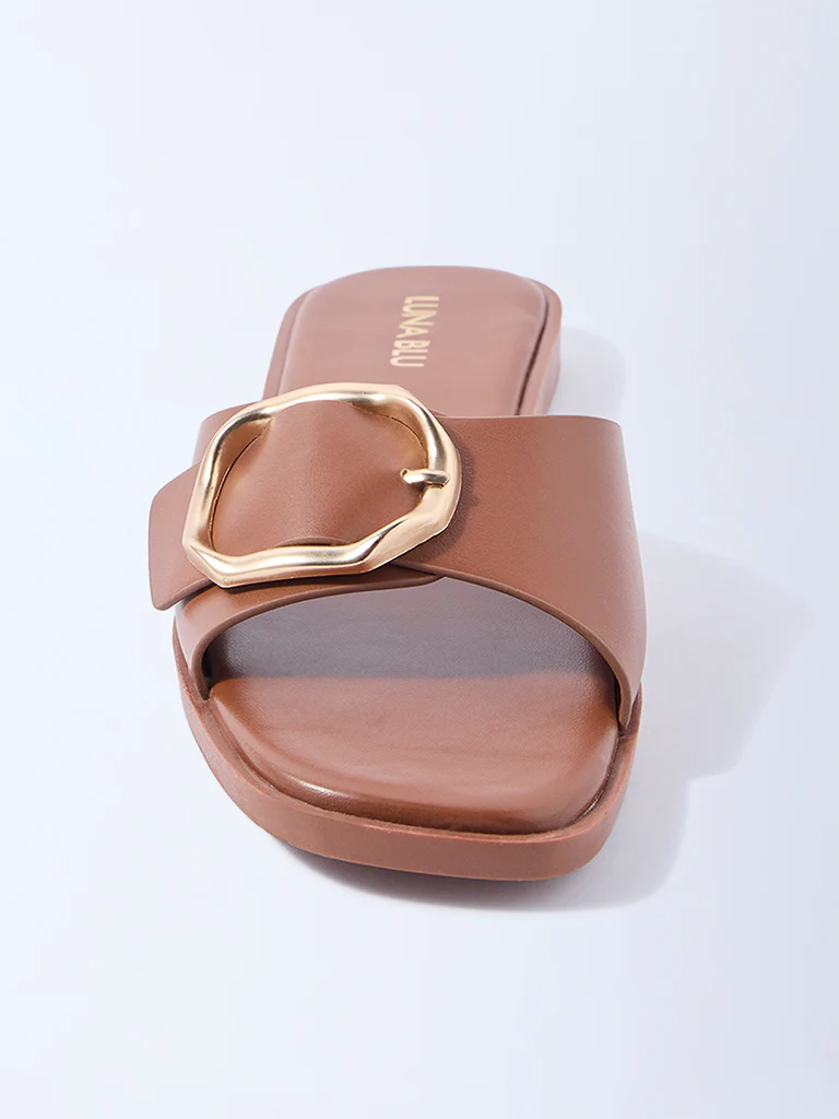 LUNA BLU Tan Buckle-Detailed Slides - Image 3