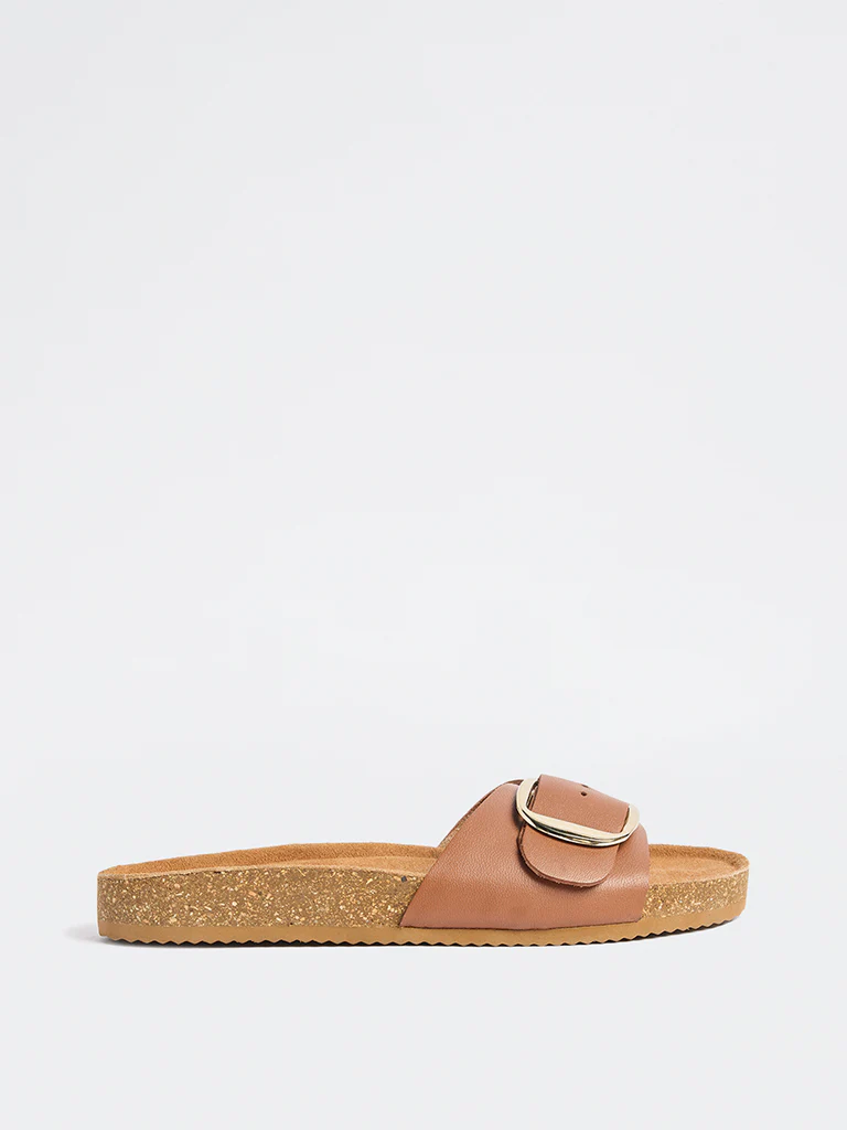 LUNA BLU Tan Buckle-Detailed Slides