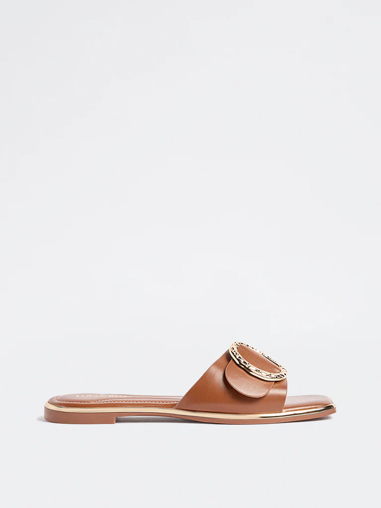 LUNA BLU Tan Buckle-Detailed Slides - Image 2
