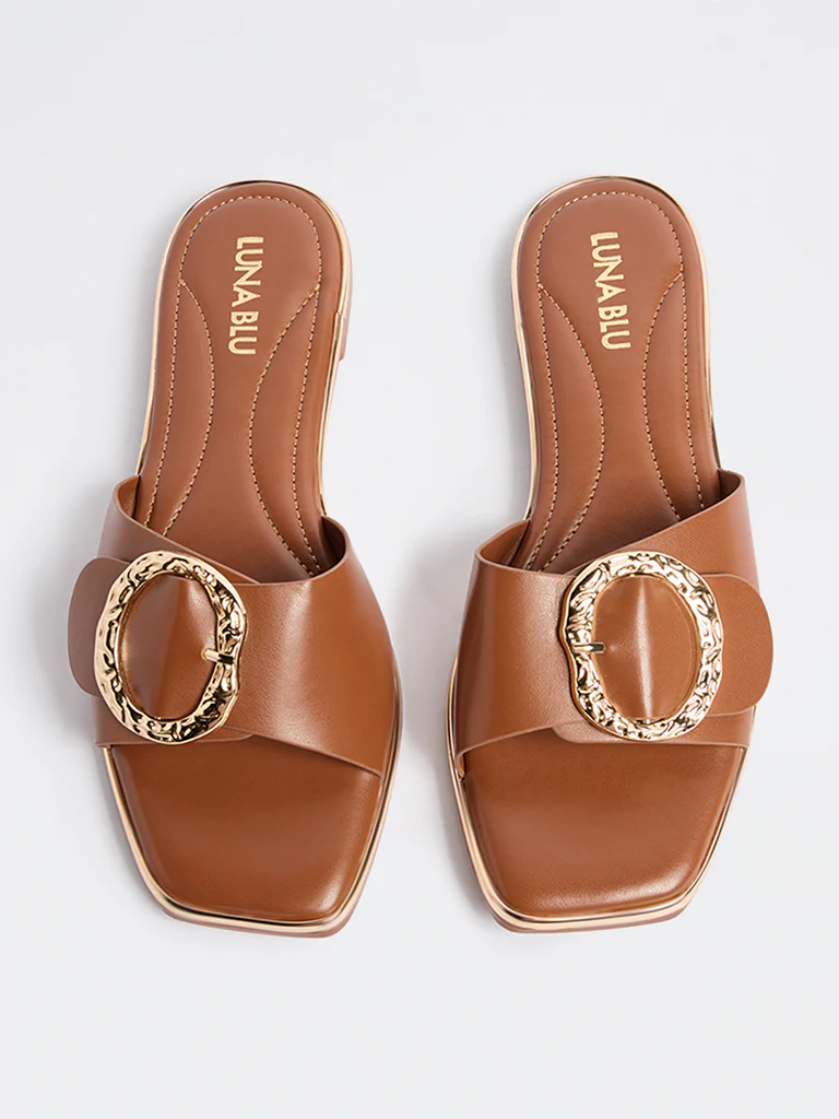 LUNA BLU Tan Buckle-Detailed Slides - Image 3