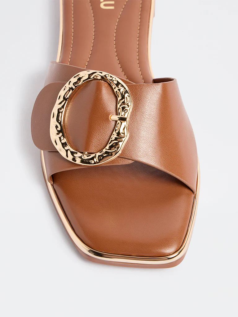 LUNA BLU Tan Buckle-Detailed Slides - Image 4