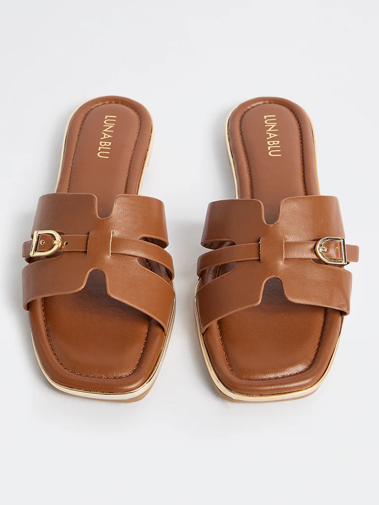 LUNA BLU Tan Buckle-Detailed Slides - Image 3