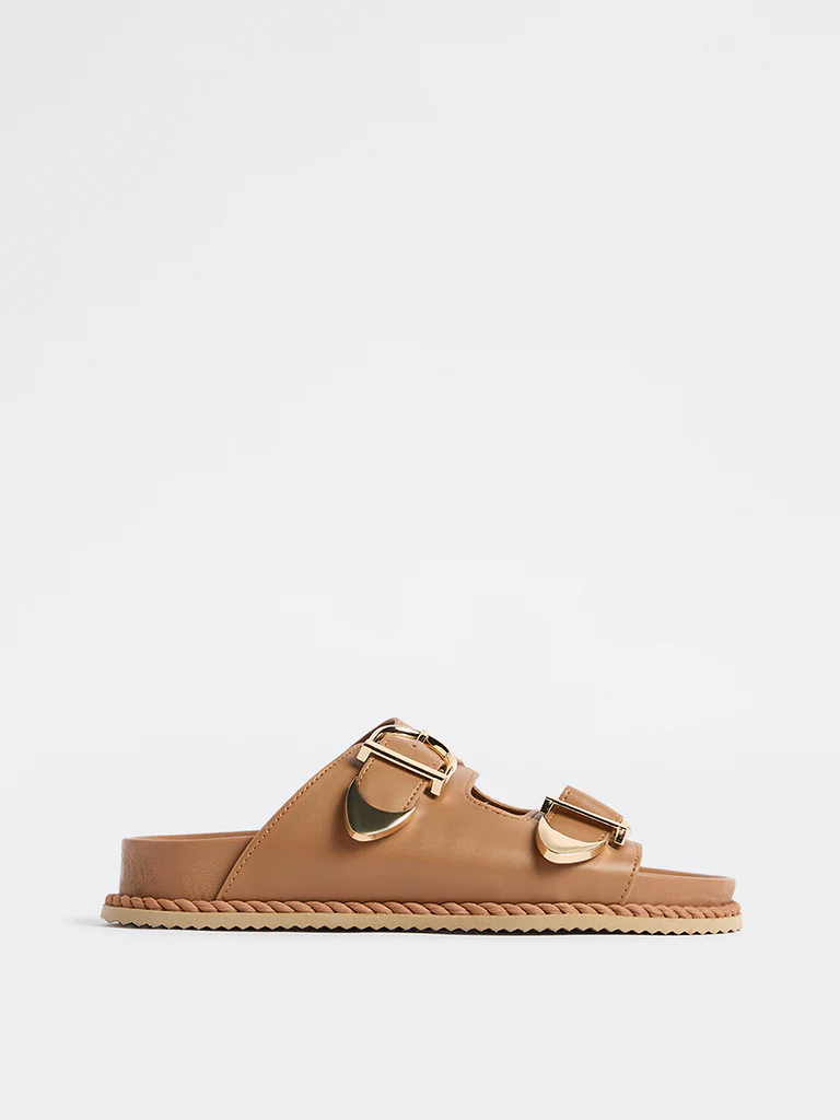 LUNA BLU Tan Buckle Detailed Slip-On Comfort Sandals
