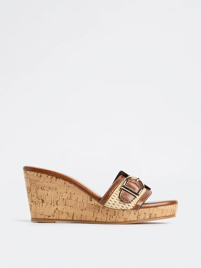 LUNA BLU Tan Buckle-Detailed Wedge-Heel Sandals