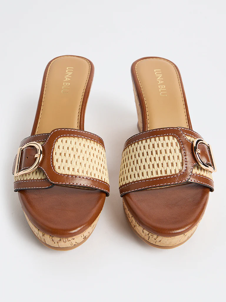 LUNA BLU Tan Buckle-Detailed Wedge-Heel Sandals - Image 2