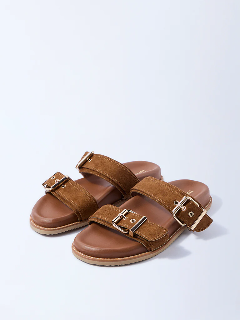 LUNA BLU Tan Buckled Slip-On Suede Comfort Sandals - Image 2