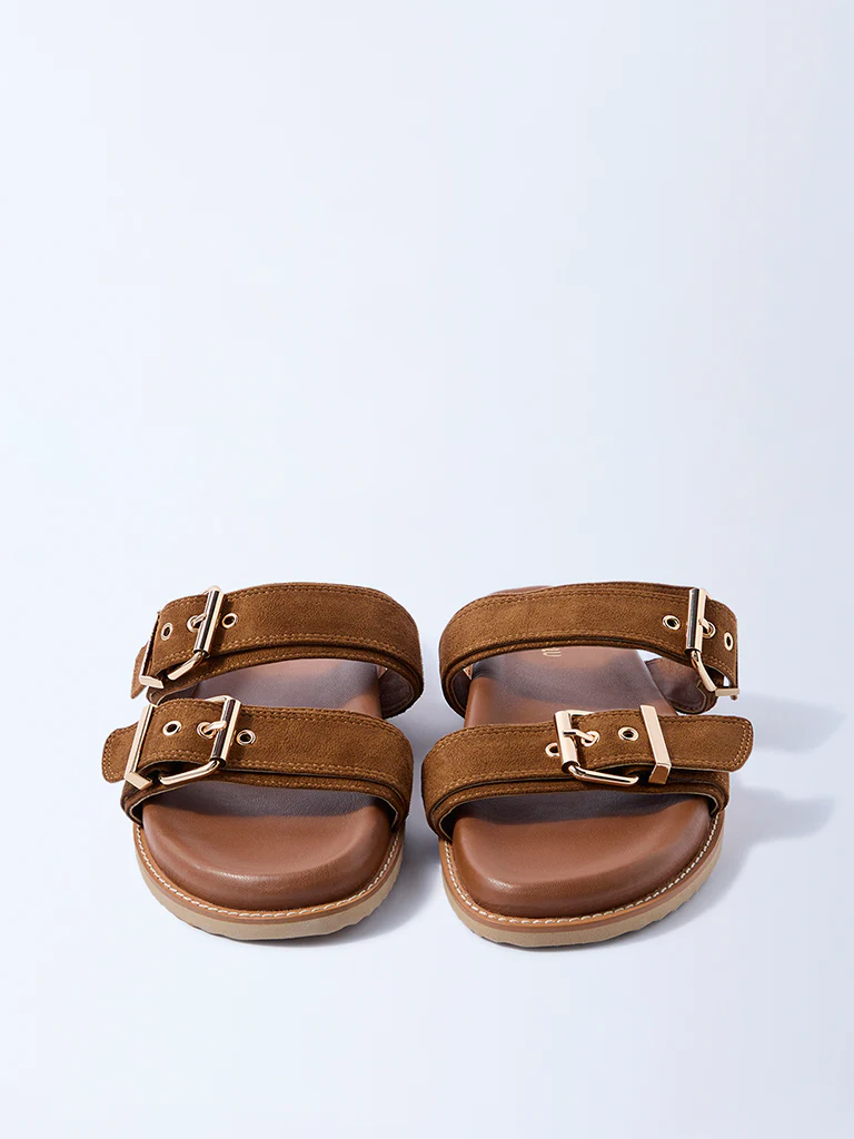 LUNA BLU Tan Buckled Slip-On Suede Comfort Sandals - Image 3