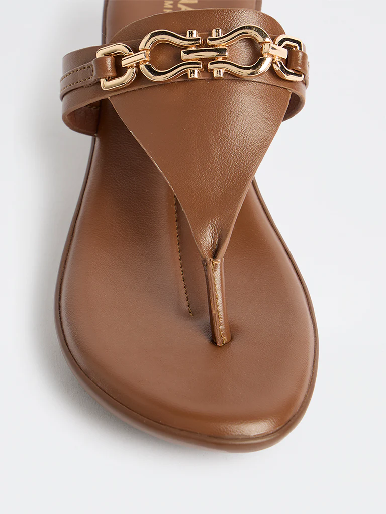 LUNA BLU Tan Chain-Detailed Comfort Sandals - Image 4