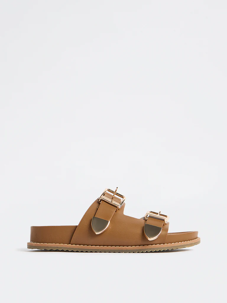 LUNA BLU Tan Dual-Strap Slip-On Comfort Sandals