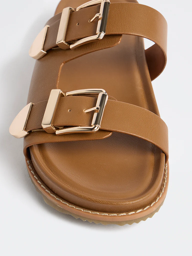 LUNA BLU Tan Dual-Strap Slip-On Comfort Sandals - Image 3