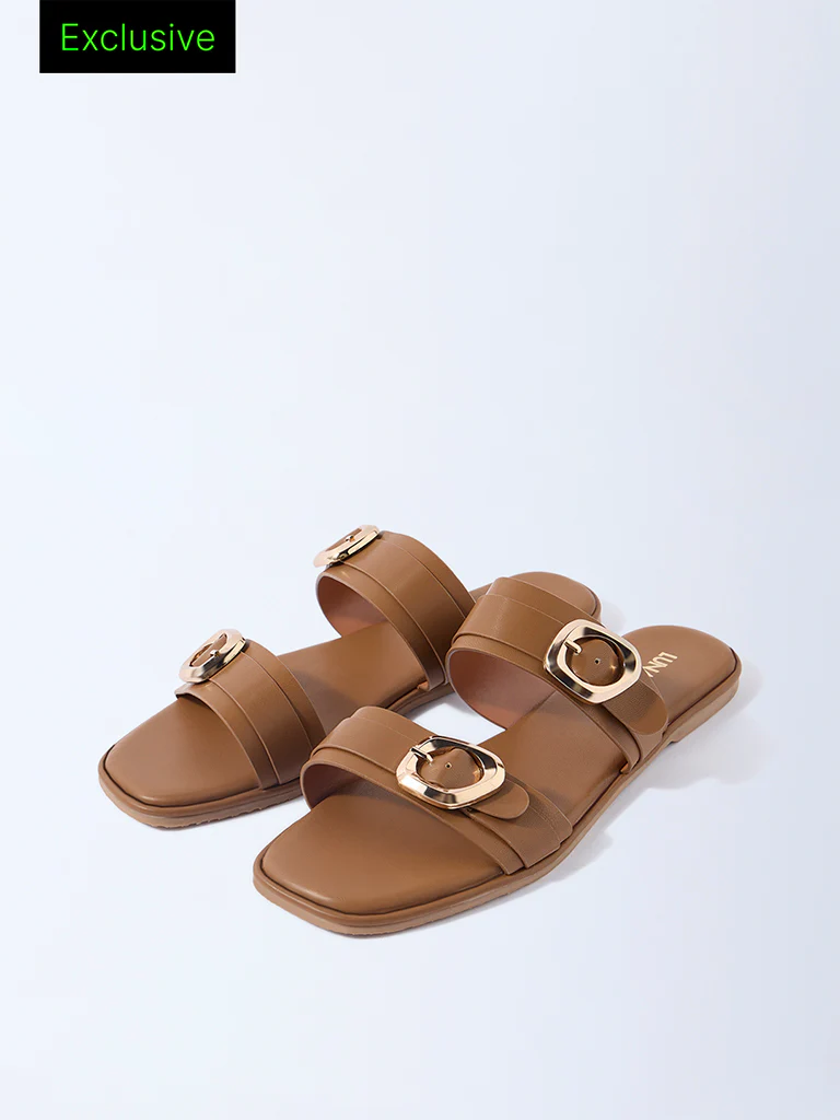 LUNA BLU Tan Dual-Strap Slip-On Sandals - Exclusive