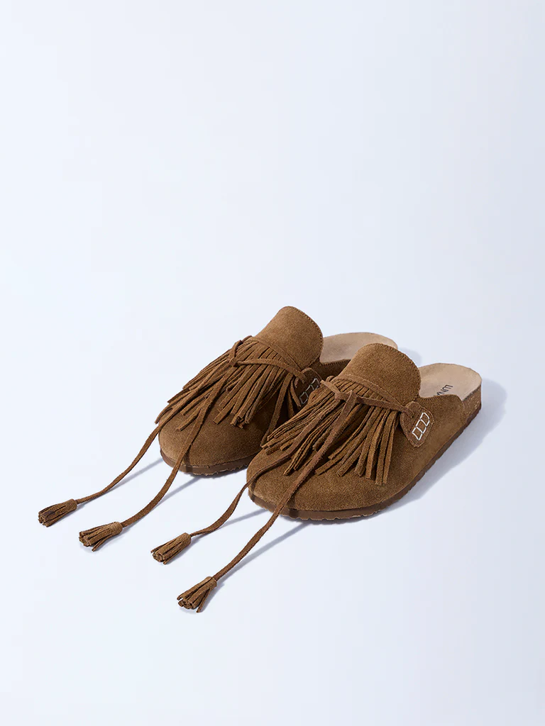 LUNA BLU Tan Fringe Detailed Suede Slip-On Shoes - Image 2