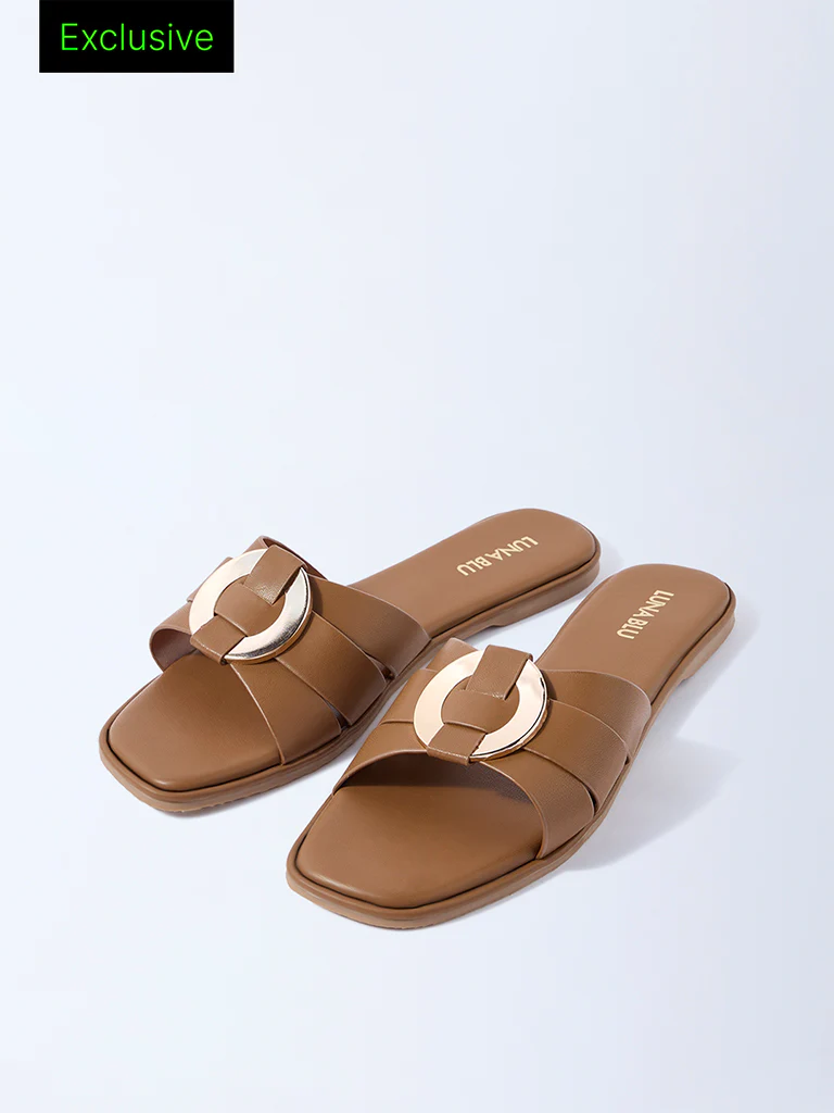 LUNA BLU Tan Hardware-Detailed Slides - Exclusive