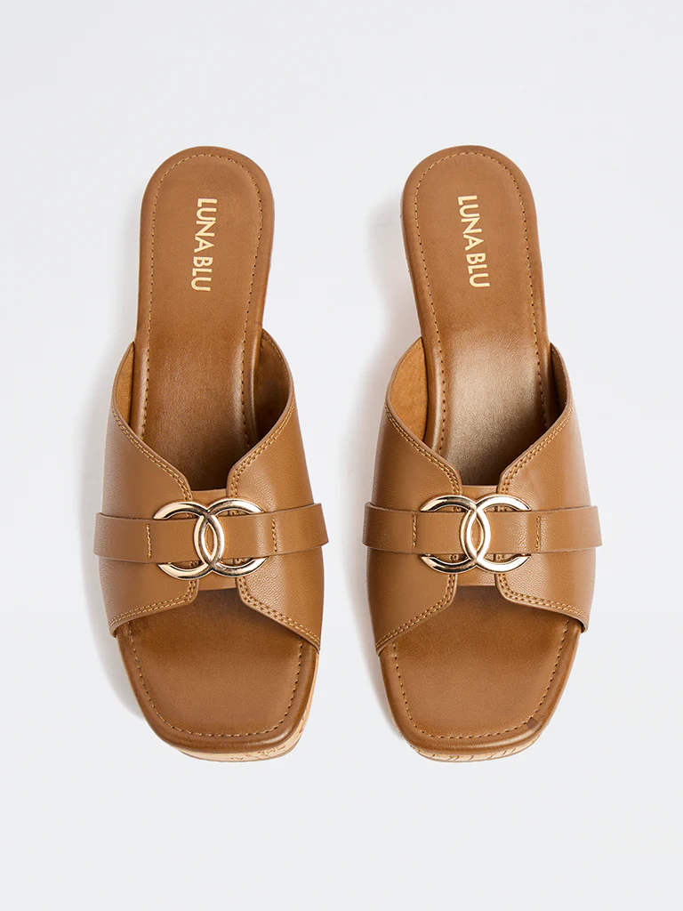 LUNA BLU Tan Hardware-Detailed Wedges Sandals - Image 2