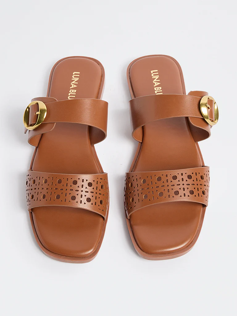 LUNA BLU Tan Laser-Cut Sandals - Image 2