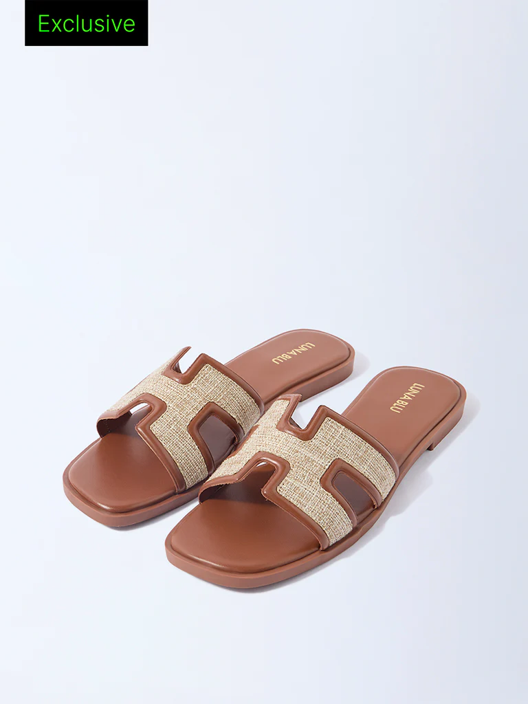 LUNA BLU Tan Raffia-Textured Slides - Exclusive