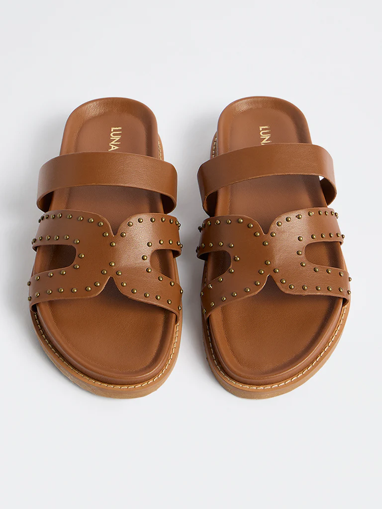 LUNA BLU Tan Stud Detailed Comfort Sandals - Image 2