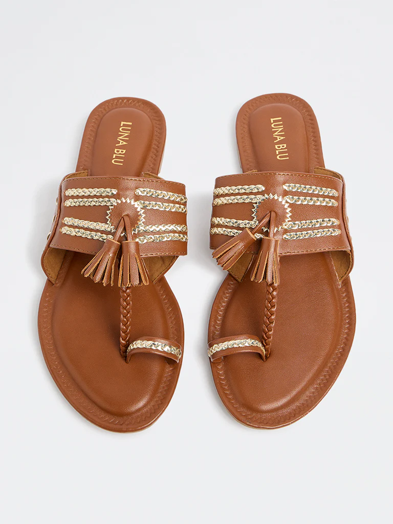 LUNA BLU Tan Tassel Detailed Kolhapuri Sandals - Image 3