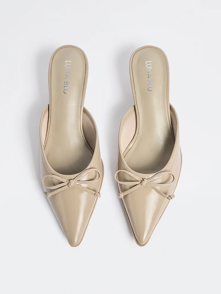 LUNA BLU Taupe Bow-Detailed Kitten Heel Mules - Image 3