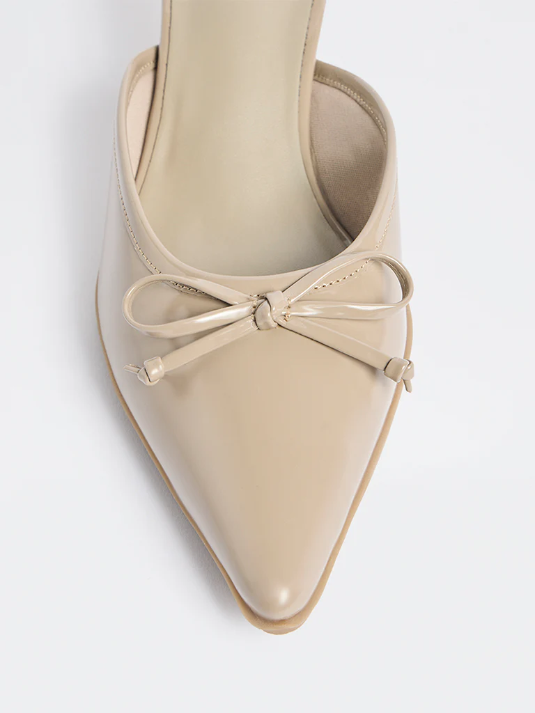 LUNA BLU Taupe Bow-Detailed Kitten Heel Mules - Image 4