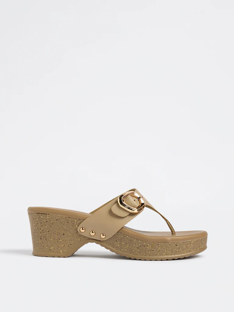 LUNA BLU Taupe Buckle-Detailed Thong Strap Sandals