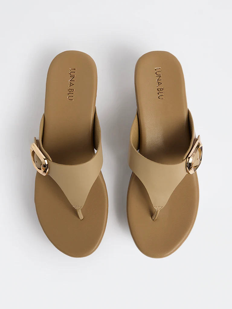 LUNA BLU Taupe Buckle-Detailed Thong Strap Sandals - Image 2