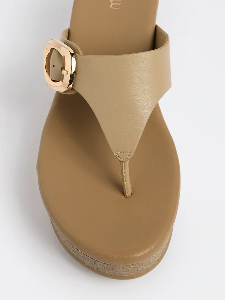 LUNA BLU Taupe Buckle-Detailed Thong Strap Sandals - Image 3