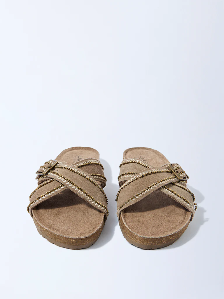 LUNA BLU Taupe Criss-Cross Suede Leather Sandals - Image 3