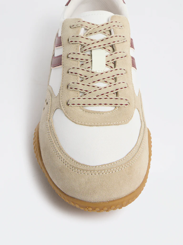 LUNA BLU Taupe Stripe-Detailed Lace-Up Sneakers - Image 3