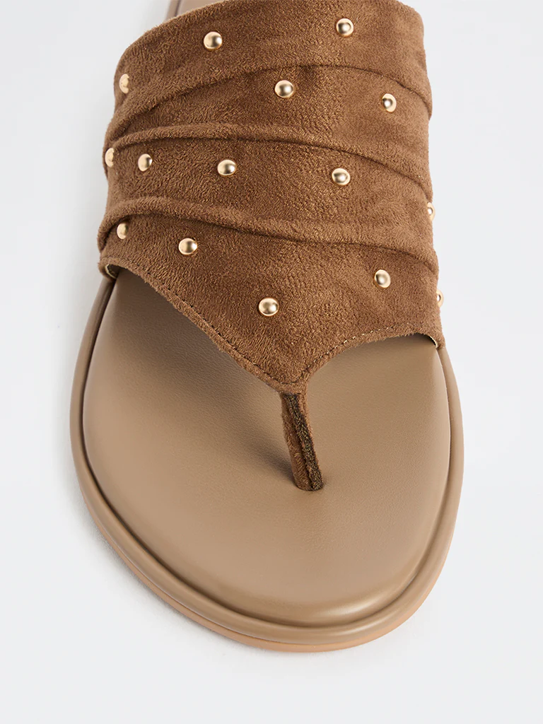 LUNA BLU Taupe Stud-Detailed Suede Sandals - Image 3