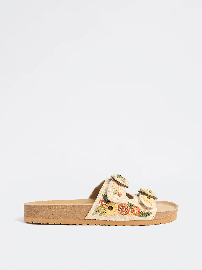LUNA BLU Yellow Floral Embroidered Slip-On Sandals