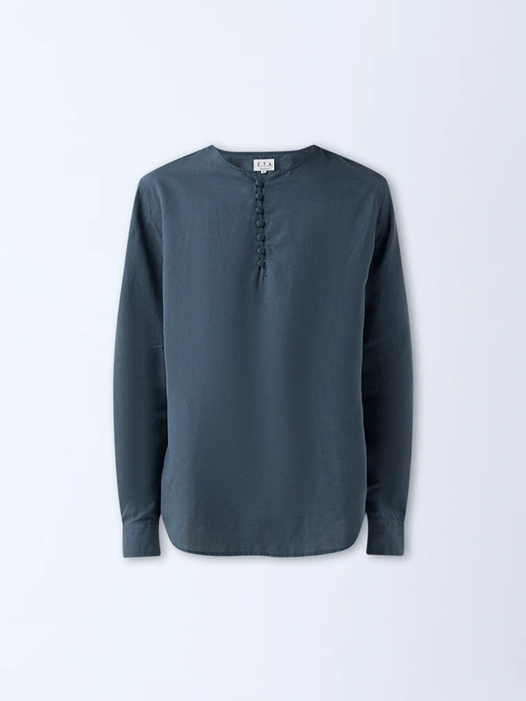 Mens Ethnicwear Dark Teal Relaxed-Fit Cotton-Blend Short Kurta - Image 5