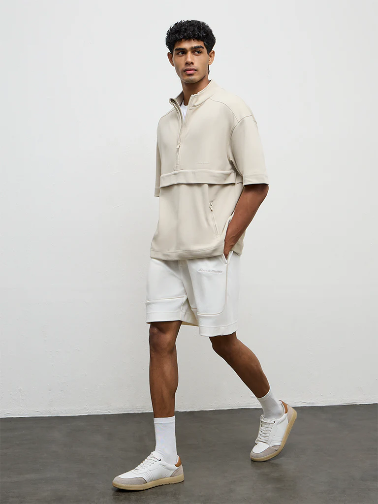 Nuoflexx Beige Relaxed-Fit Cotton-Blend Quarter-Zip Sweatshirt - Image 3