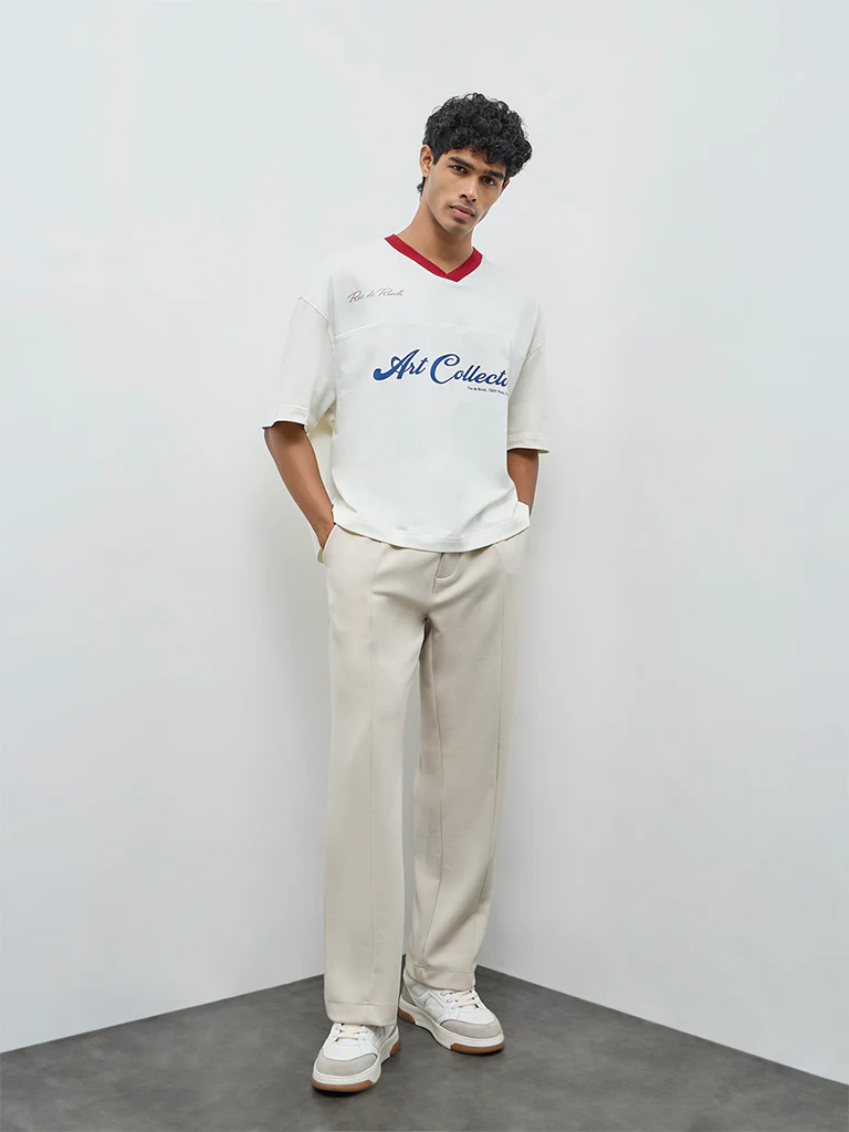 Nuoflexx Beige Relaxed-Fit Mid-Rise Pants