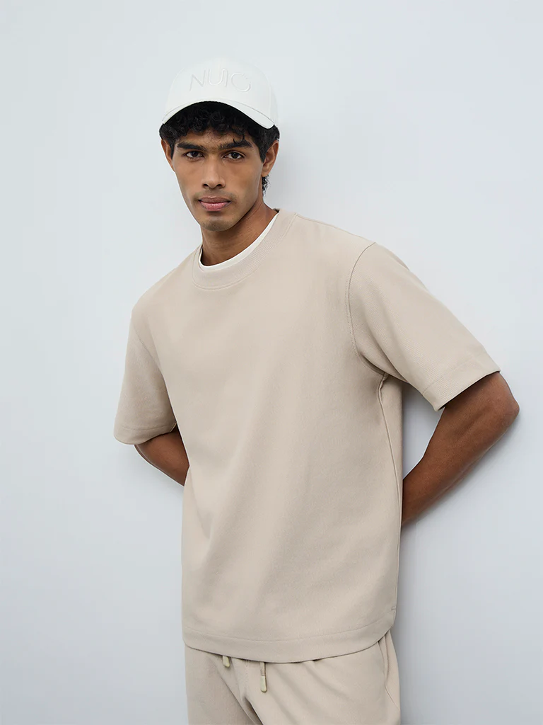 Nuoflexx Beige Ribbed Relaxed-Fit Cotton-Blend T-Shirt