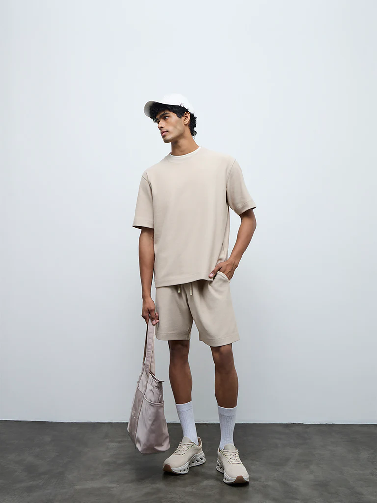 Nuoflexx Beige Ribbed Relaxed-Fit Cotton-Blend T-Shirt - Image 3