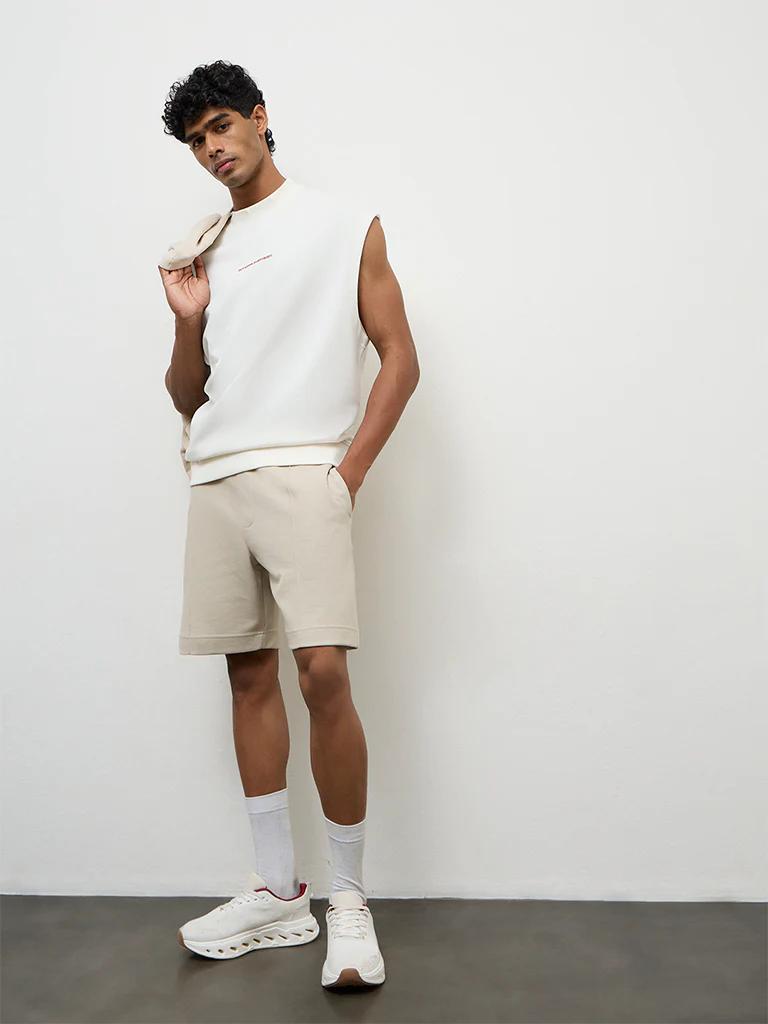 Nuoflexx Beige Textured Relaxed Fit Mid-Rise Shorts