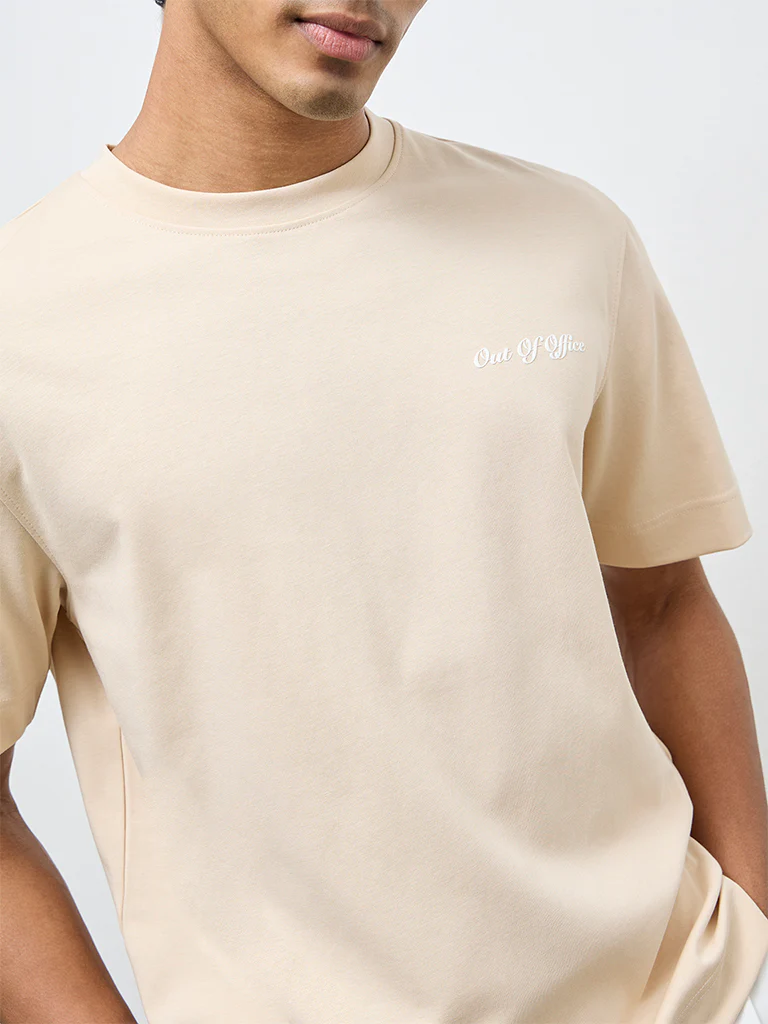 Nuoflexx Beige Typographic Relaxed-Fit Cotton-Blend T-Shirt - Image 4