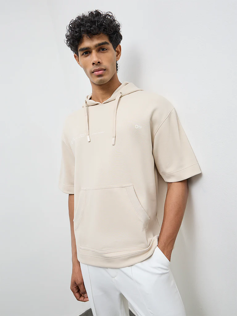 Nuoflexx Beige Typographic Relaxed-Fit Hooded Sweatshirt