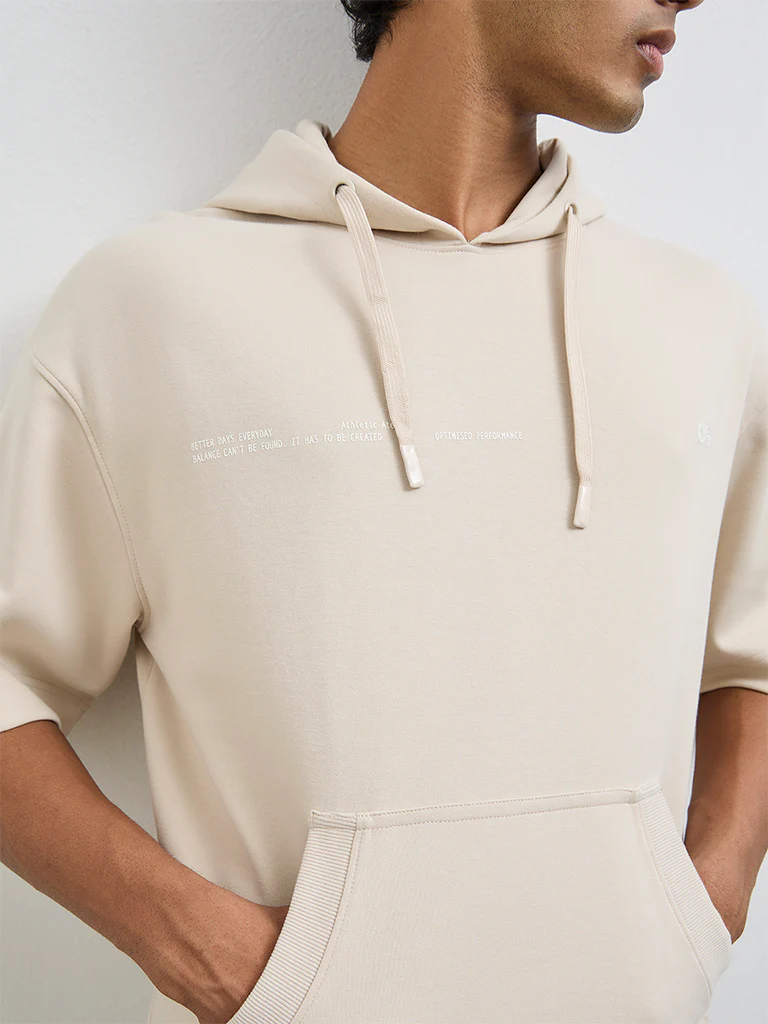 Nuoflexx Beige Typographic Relaxed-Fit Hooded Sweatshirt - Image 4