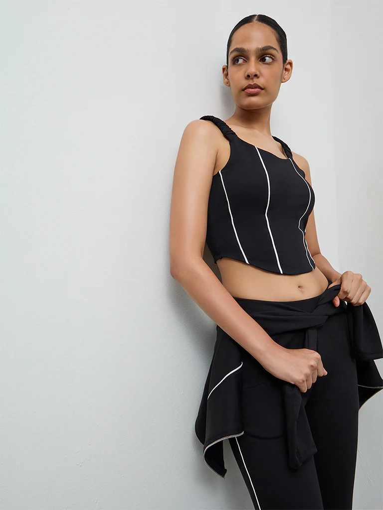 Nuoflexx Black Pipeline-Detailed Cotton-Blend Top