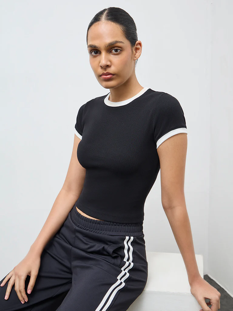 Nuoflexx Black Ribbed Cotton-Blend T-Shirt