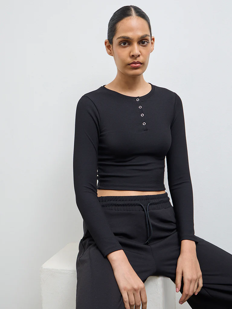 Nuoflexx Black Ribbed Cotton-Blend Top