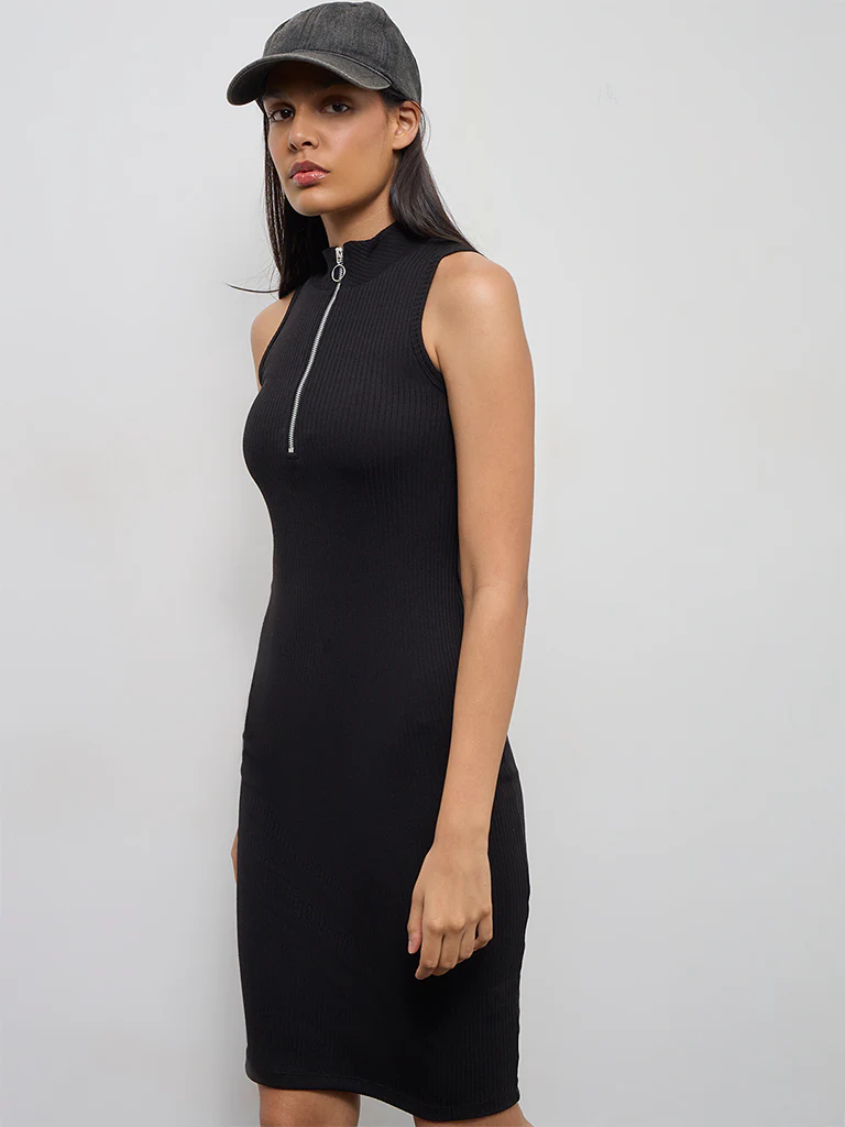 Nuoflexx Black Ribbed Quarter-Zip Bodycon Dress - Image 2