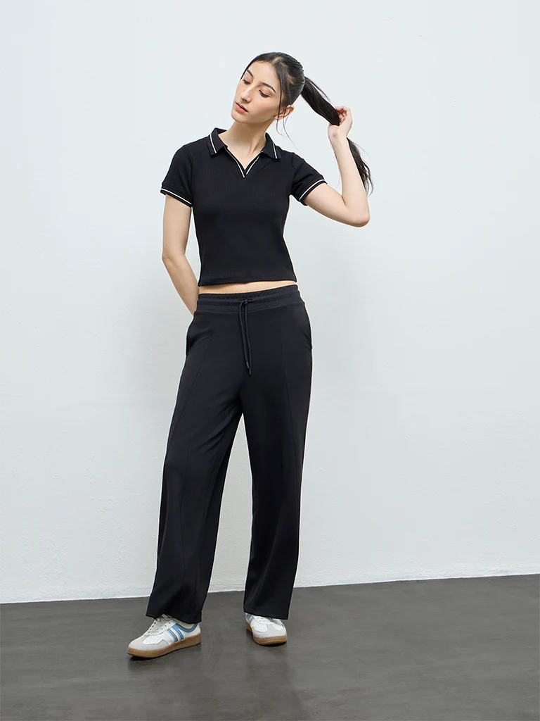 Nuoflexx Black Ribbed Textured Cotton-Blend T-Shirt