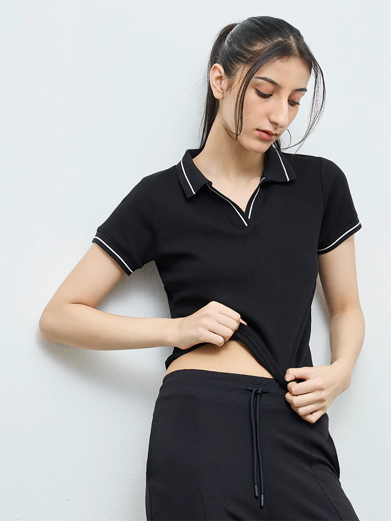Nuoflexx Black Ribbed Textured Cotton-Blend T-Shirt - Image 2