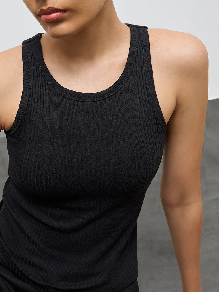 Nuoflexx Black Self-Striped Cotton-Blend Tank Top - Image 3