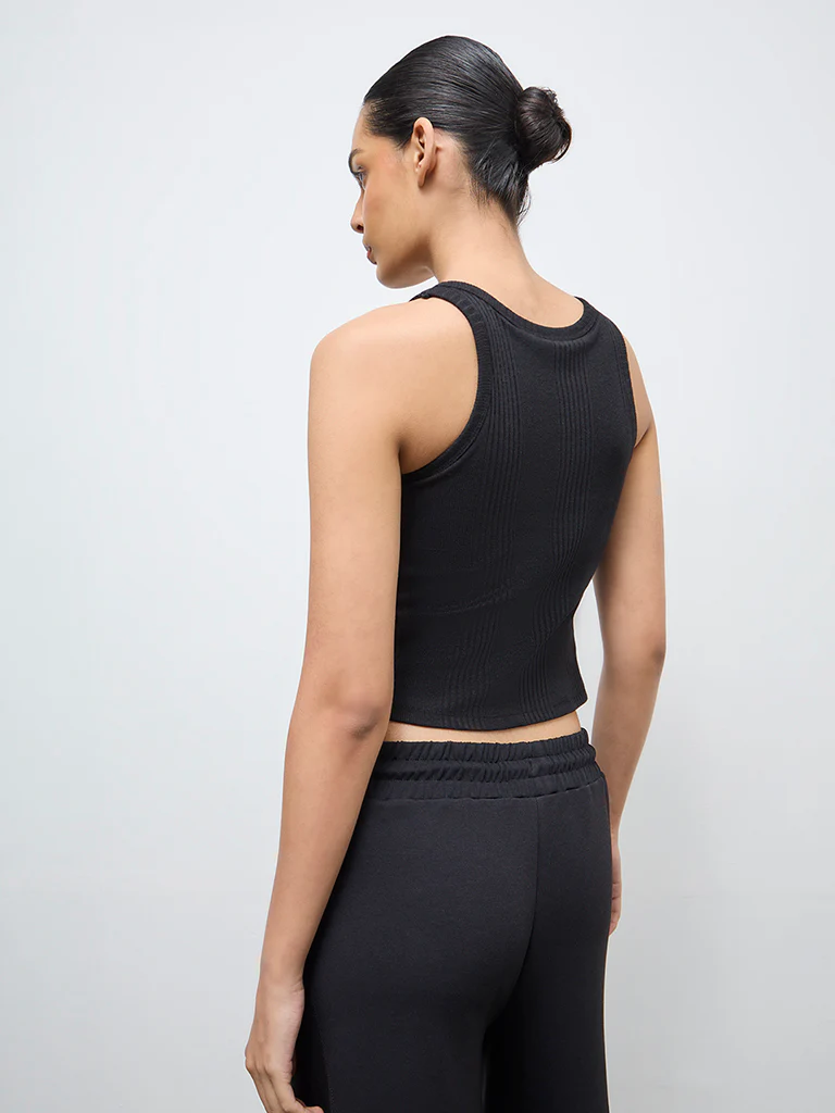 Nuoflexx Black Self-Striped Cotton-Blend Tank Top - Image 4