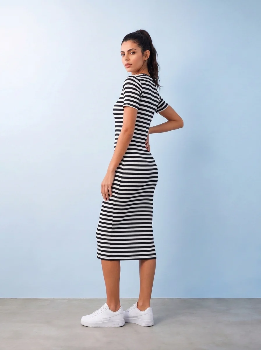 Nuoflexx Black Striped Cotton-Blend Bodycon Dress - Image 4