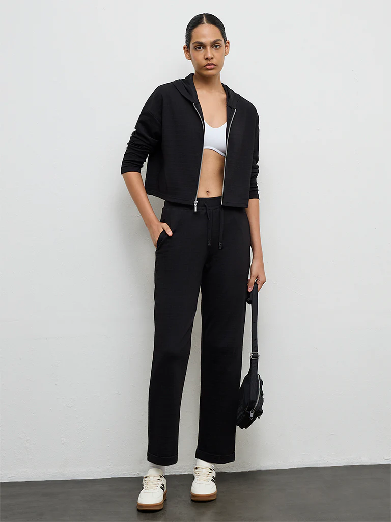 Nuoflexx Black Textured High-Rise Cotton-Blend Track Pants
